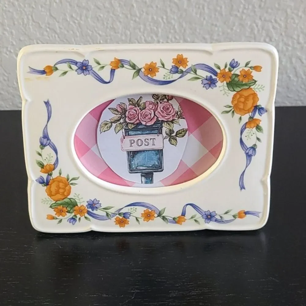 Vintage Floral Ceramic Picture Frame 5x4 Orange Blue Cottage Decor
